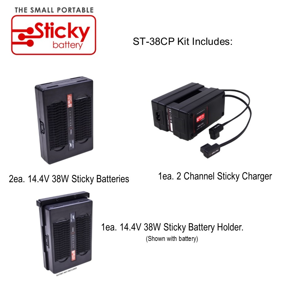 2ea. 14.4V 38W Sticky Batteries, 1ea. 2 Channel Sticky Charger