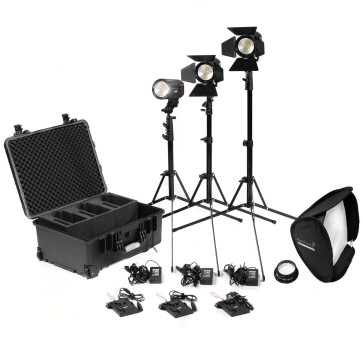 2 x Practilite 602 / 1 x Practilite 600 kit with stands, V-lock battery plates and Soft-box 